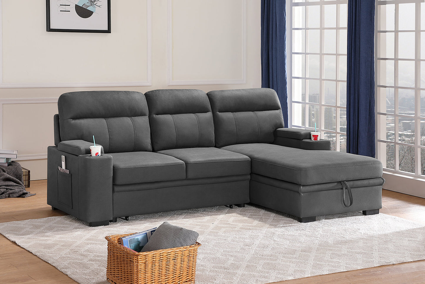 Kaden Gray Fabric Sleeper Sectional Sofa Chaise with Storage Arms and Cupholder