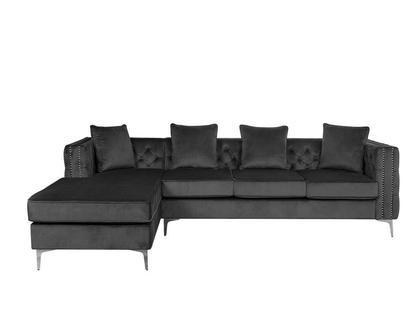 Ryan Velvet Reversible Sectional Sofa Chaise with Nail-Head Trim