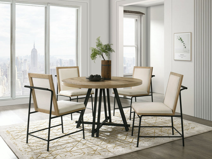 Tate Oak Finish 47" Round Dining Table Set with Cream Color Upholstered Chairs