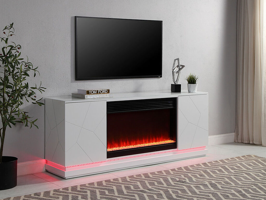Clay White Finish TV Stand with Fireplace and Speaker